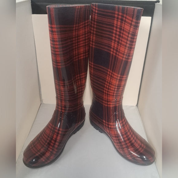 143 Girl Shoes - 143 Girl Womens 9 Red Navy Rubber Rain Boots Knee High Buffalo Plaid